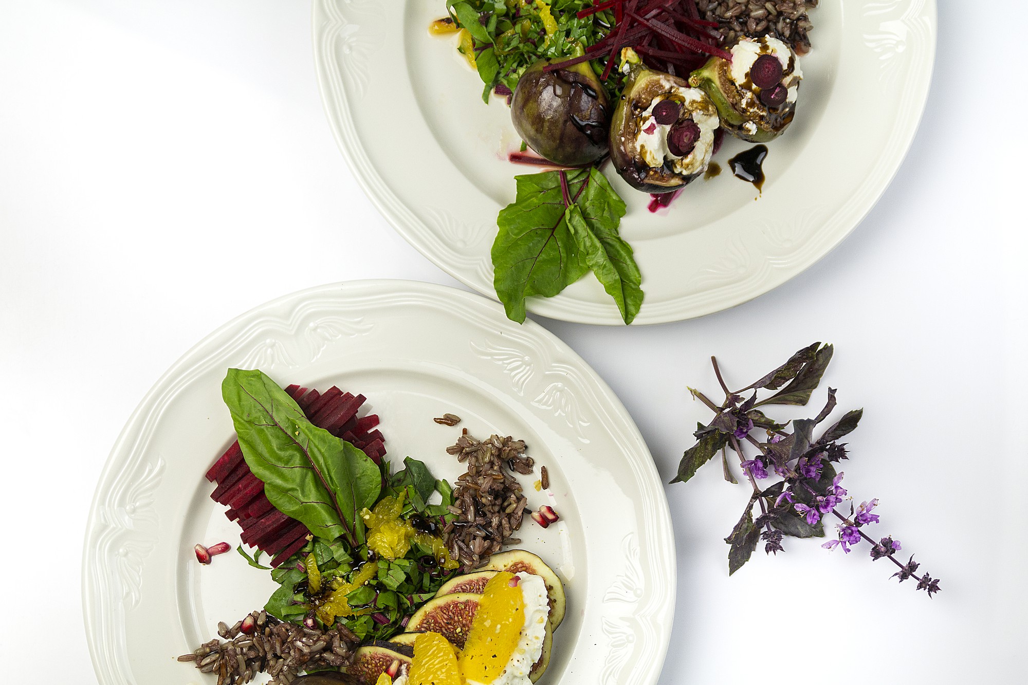Large editorial shot of plated seasonal dish with herbs